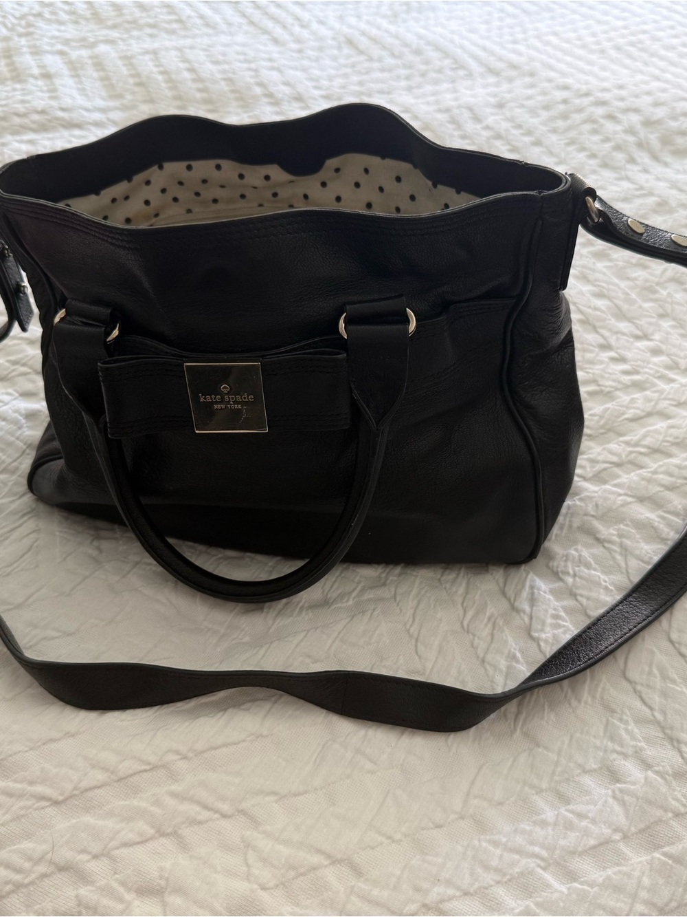 kate spade Black Leather Shoulder Bag with Polka Dot Lining
